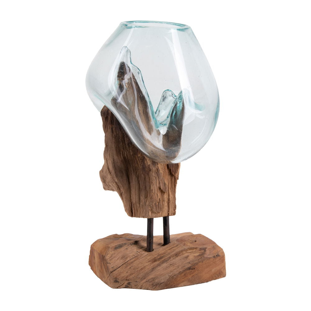 Glas-Dekoration auf Teakholz, h25 cm